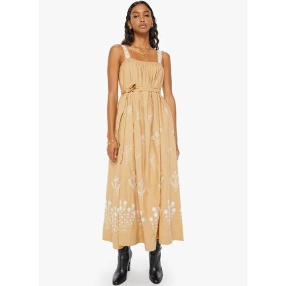 MOTHER The More is More Maxi Dress Khaki Embroidered Sundress Belted Boho L NWT - Picture 1 of 16